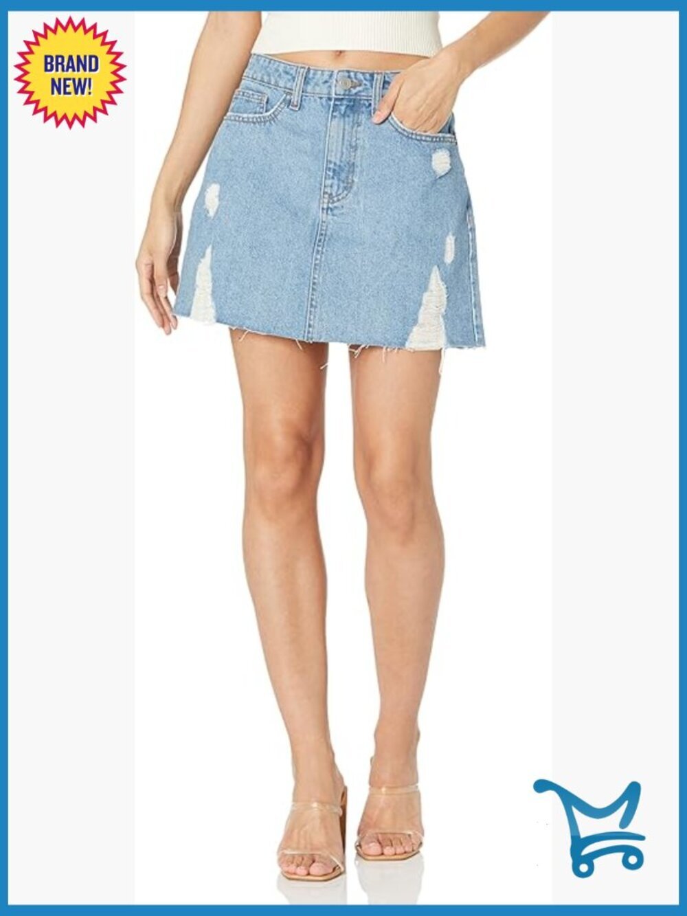 High Rise Distressed Denim Mini Skirt, Regular Fit, 5 Pockets, Zip Closure